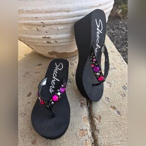 Y2K Bratz Gemstones McBling Platform Thong Sandals Black Multi Skechers 8 Womens